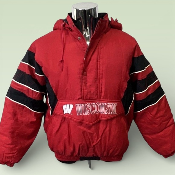 Starter Wisconsin Badgers Puffer Anorak Jacket Mens XL Red Black White Spellout - Picture 2 of 6